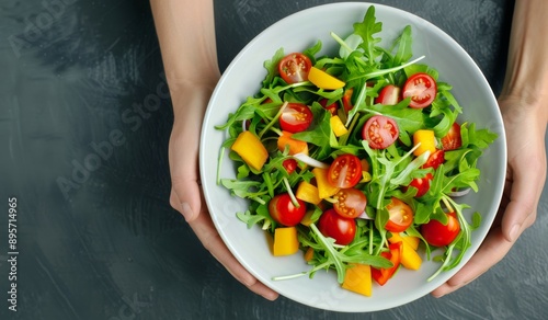 Hands Holding Arugula Salad With Tomatoes and Mango