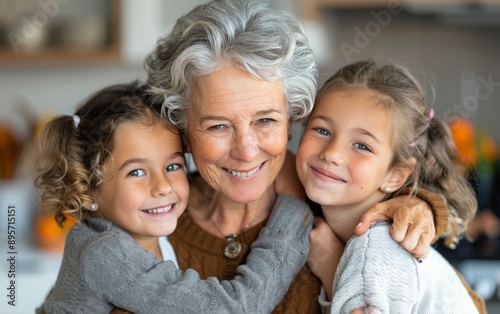 Grandmother Hugging Two Granddaughters