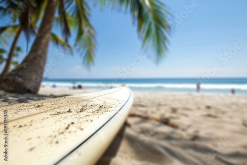 Surfboard On Beach Under Palm Tree