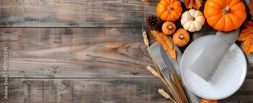 Fall Table Setting With Pumpkins and Wheat