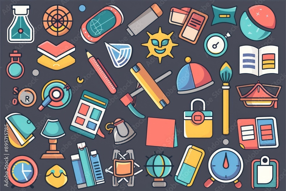 Simple and effective educational icons in a flat sticker pack style on dark grey. Simple and effective educational icons in a flat sticker pack style on dark grey.