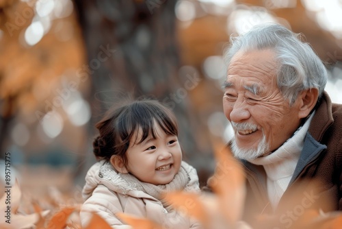 Elderly Man and Young Girl Smiling in Autumn