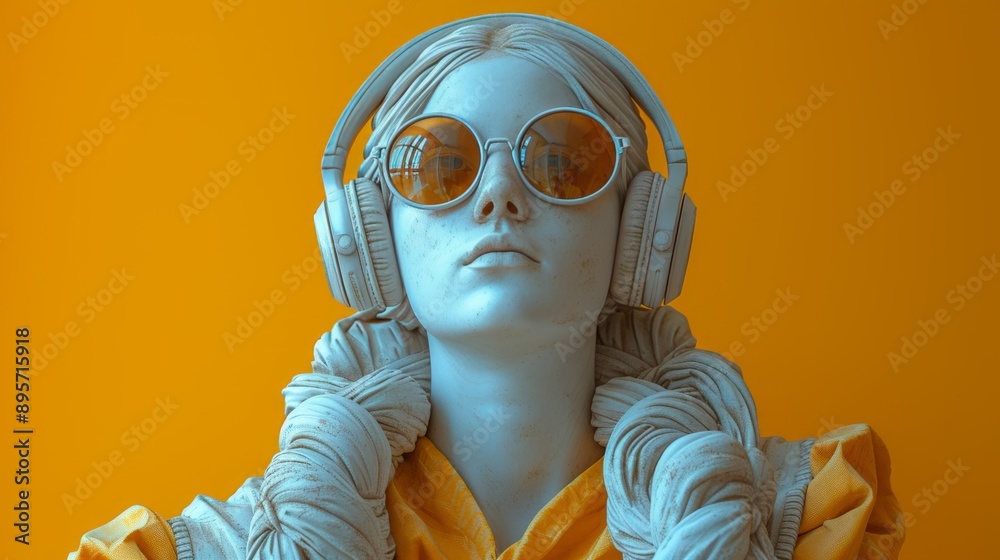 3d rendered illustration of a stone bust with headphones listening to music on a vibrant orange background. Perfect for projects related to music, art, and technology.