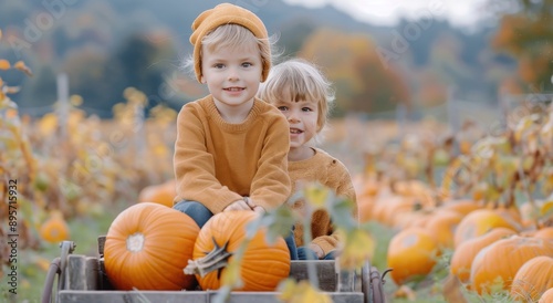 Children Ride Wagon Through Pumpkin Patch