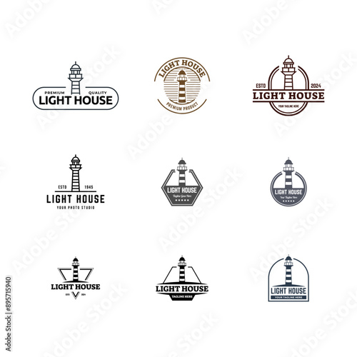 Set of Lighthouse Design Element in Vintage Style for Logo or Badge Retro vector illustration. Vector illustration.