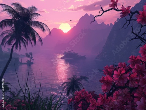 Beautiful sunset over a tropical island with palm trees and pink flowers