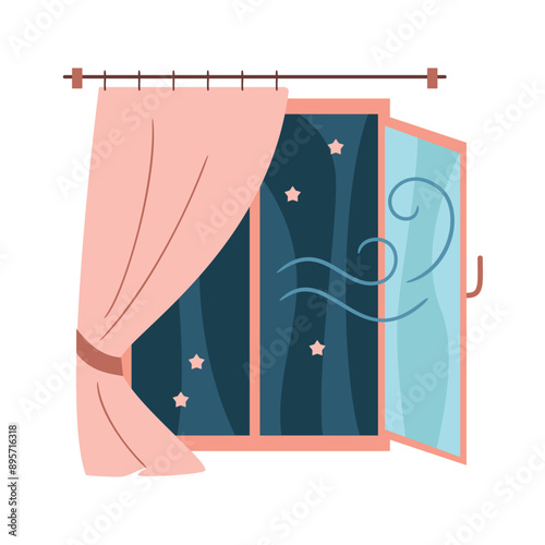 Open window with curtains. Fresh air concept. Airing the room before sleeping. Night Starry sky outside the window. Sleep hygiene as routine action for better sleep quality icon.