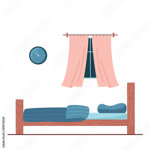 Empty bedroom at night flat vector illustration. Dormitory room with no people inside. Comfortable bed with blanket and pillow, window and clock on the wall. Vector Illustration isolated on white