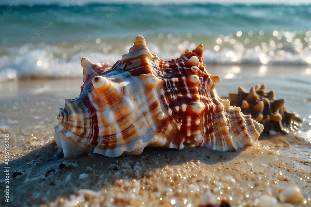 Orange-banded seashell up close on sun-kissed beach, serene sea waves in the distance Orange-banded seashell up close on sun-kissed beach, serene sea waves in the distance
