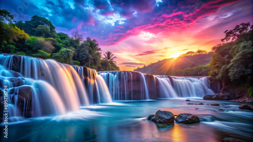 Majestic Waterfall at Sunset - A Vibrant Landscape of Nature’s Beauty