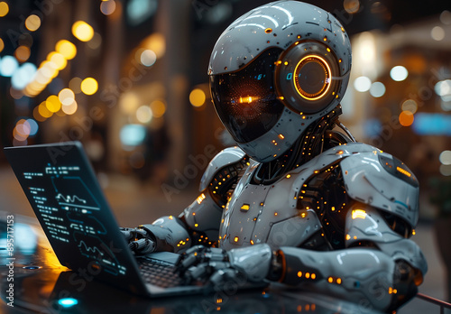 A futuristic scene featuring a humanoid robot engrossed in work on a laptop computer. The robot, designed with advanced technology and glowing lights, sits in an urban setting