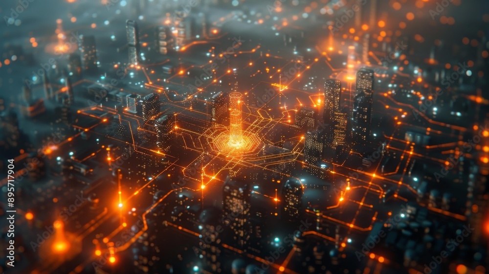 Obraz premium Futuristic cityscape with glowing network generative ai