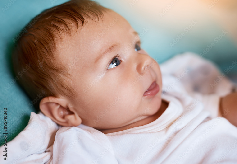 Home, nursery and baby with curiosity for relax, awake and wellness for health development with comfort. House, boy newborn or infant in bed with growth, resting and innocent with early childhood Home, nursery and baby with curiosity for relax, awake and wellness for health development with comfort. House, boy newborn or infant in bed with growth, resting and innocent with early childhood