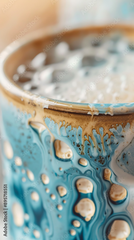 Fototapeta premium Macro Shot of Modern Ceramic Mug with Unique Glaze Set Against Abstract Coffee Time Background 