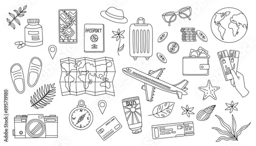 Travel set. Travel concept. Set of travel objects. Hand drawn doodle illustration.