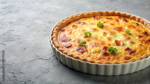 Una quiche Lorraine de la cocina francesa, colocada sobre una mesa de mármol. La quiche está decorada con hierbas frescas. Hay un espacio libre para texto.