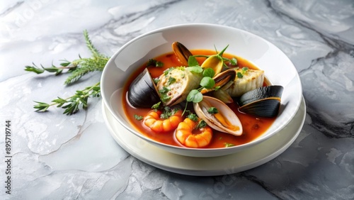 Una bouillabaisse de la cocina francesa, servida en un bol blanco sobre una mesa de mármol. La sopa incluye mariscos como mejillones, camarones y pescado. Hay un espacio libre para texto.