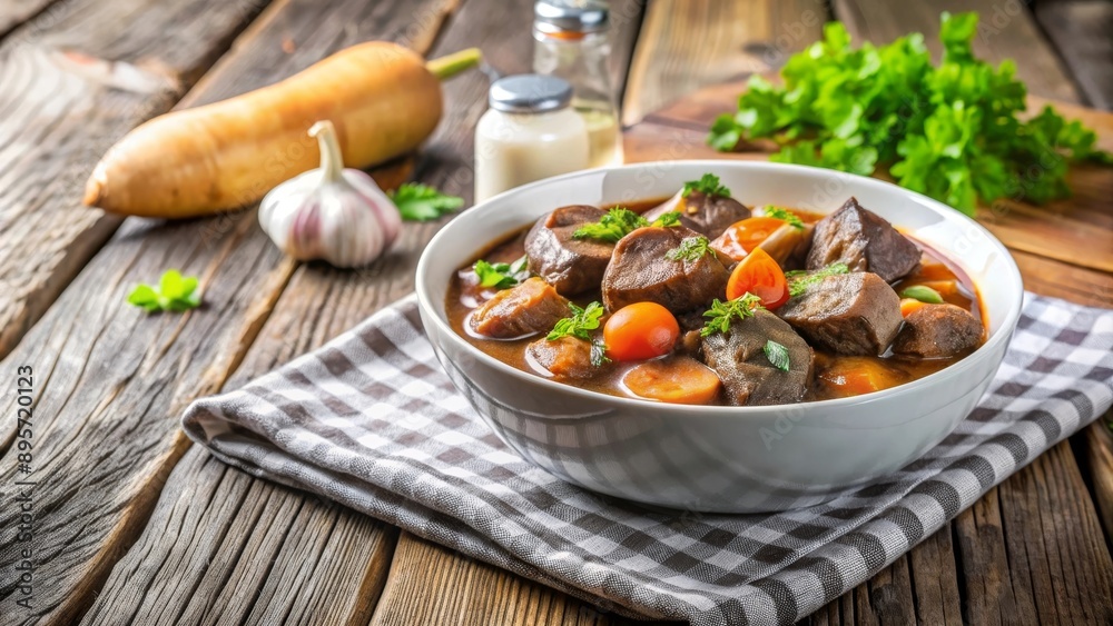 Un guiso de carne y verduras de la cocina francesa, servido en un bol de cerámica sobre una mesa de madera con una servilleta a cuadros. El guiso incluye zanahorias, papas y está decorado con hierbas Un guiso de carne y verduras de la cocina francesa, servido en un bol de cerámica sobre una mesa de madera con una servilleta a cuadros. El guiso incluye zanahorias, papas y está decorado con hierbas
