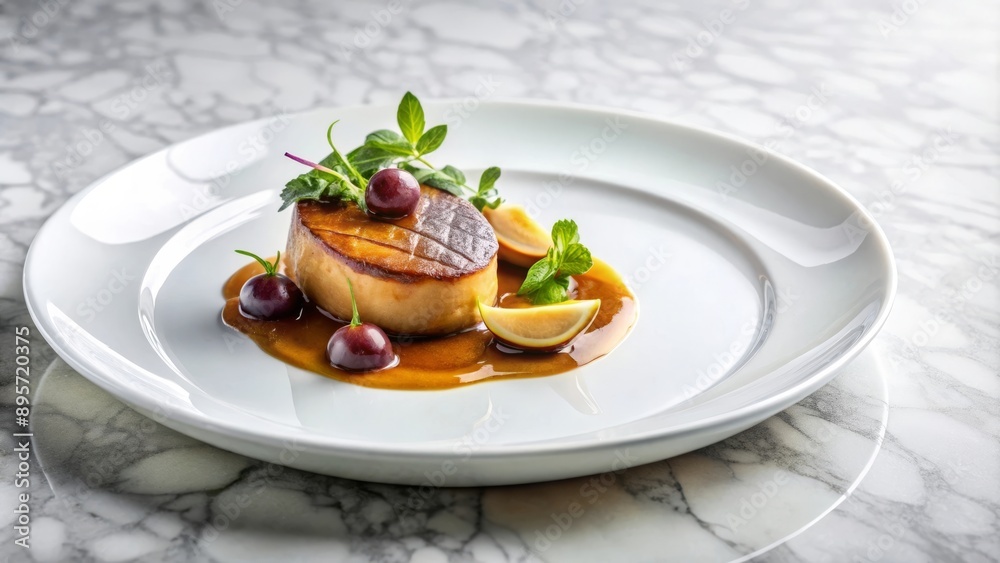 Un foie gras de la cocina francesa, servido en un plato blanco sobre una mesa de mármol. El foie gras está decorado con hierbas frescas y uvas. Hay un espacio libre para texto. Un foie gras de la cocina francesa, servido en un plato blanco sobre una mesa de mármol. El foie gras está decorado con hierbas frescas y uvas. Hay un espacio libre para texto.