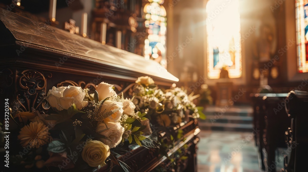 poignant funeral scene with ornate floral arrangements surrounding a beautifully carved wooden casket soft light filtering through stained glass windows in a historic chapel poignant funeral scene with ornate floral arrangements surrounding a beautifully carved wooden casket soft light filtering through stained glass windows in a historic chapel