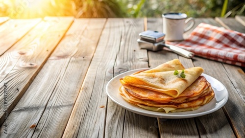 Un plato de crepes, un desayuno tradicional de la cocina francesa, colocado sobre una mesa de madera al aire libre con luz de sol. Hay una taza de café y una servilleta a cuadros al fondo. Hay un espa photo