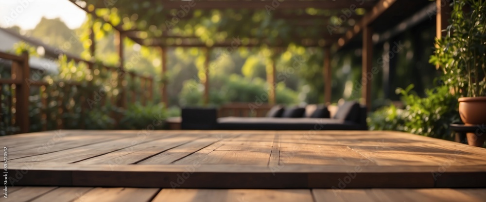 Luxurious morning garden showcasing exquisite teak wood deck and sophisticated black pergola design. Luxurious morning garden showcasing exquisite teak wood deck and sophisticated black pergola design.