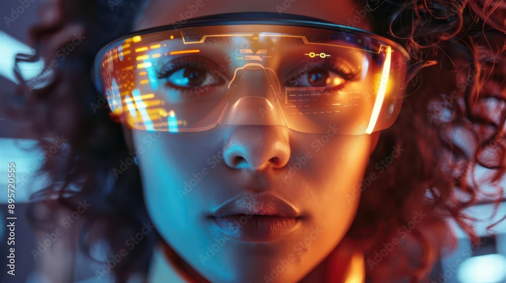 portrait of a confident woman with augmented reality glasses holographic ui elements reflected in the lenses as she interacts with an invisible digital workspace portrait of a confident woman with augmented reality glasses holographic ui elements reflected in the lenses as she interacts with an invisible digital workspace