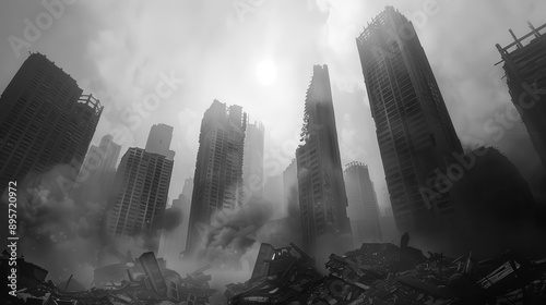 postapocalyptic cityscape crumbling skyscrapers silhouetted against smoky sky dramatic monochrome debrisstrewn streets eerie atmosphere photo