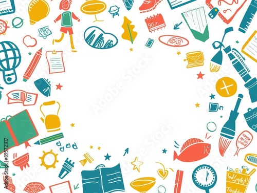 Colorful school background with detailed doodle icons and central text space, enclosed by a crisp white border.