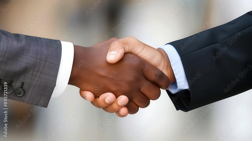 powerful business handshake closeup on clasped hands contrasting skin tones professional attire visible symbolizing partnership and agreement powerful business handshake closeup on clasped hands contrasting skin tones professional attire visible symbolizing partnership and agreement
