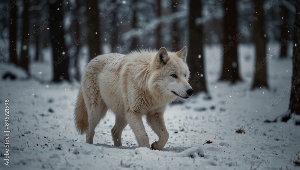 Majestic and graceful white wolf wandering through serene and tranquil snowy wilderness.
