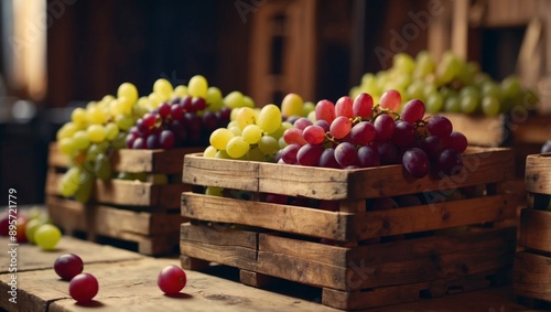 Colorful grapes in wooden crates at cozy warehouse, ideal for rustic food ads with soft lighting. photo