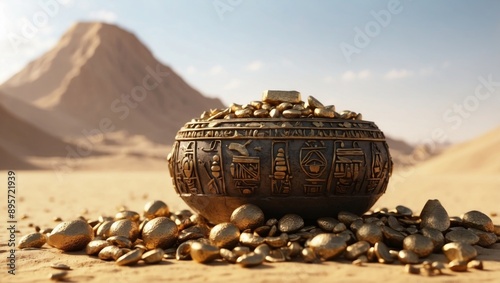 D Rendered Ancient Egyptian Offering with Hieroglyphic Screws and Nuts on High Technology Desert Background. photo