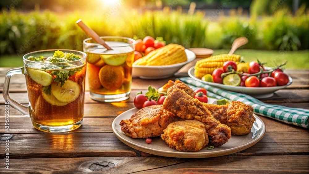 Pollo frito con mazorcas de maíz, ensalada de tomates frescos y té helado servido en un jardín durante un día soleado. Cocina estadounidense al aire libre.