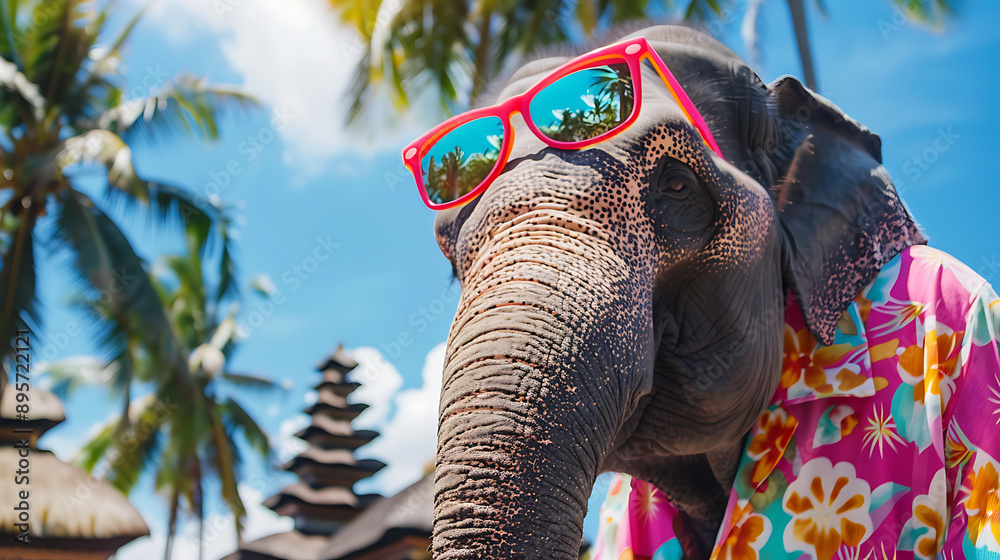 Obraz premium Tourist Elephant in Hawaiian Shirt and Sunglasses Exploring a Landmark 