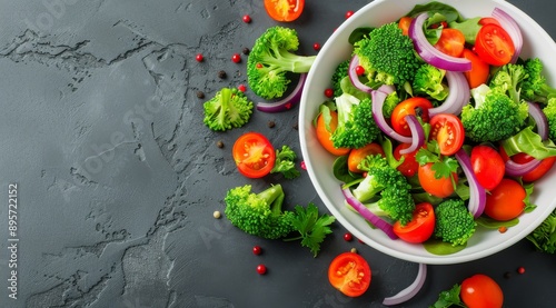 Broccoli, Tomato, and Onion Salad in White Bowl