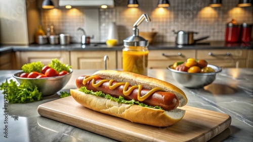 Perro caliente con mostaza y tomate servido en una cocina moderna con papas fritas. Cocina estadounidense clásica y sabrosa. photo