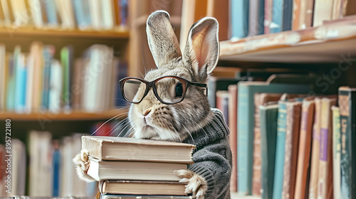 Librarian Rabbit in Glasses and Cardigan Organizing Books in a Library 