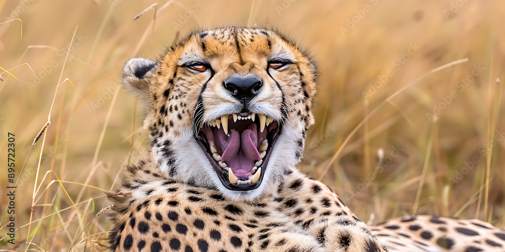 Grinning Cheetah with Fluffy Tail and Joyful Expression Resting on Savannah Grass Grinning Cheetah with Fluffy Tail and Joyful Expression Resting on Savannah Grass