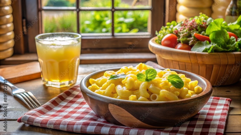 Macarrones con queso servidos en un cuenco de madera junto a una ensalada y un vaso de jugo. Cocina estadounidense casera en un entorno acogedor. Macarrones con queso servidos en un cuenco de madera junto a una ensalada y un vaso de jugo. Cocina estadounidense casera en un entorno acogedor.