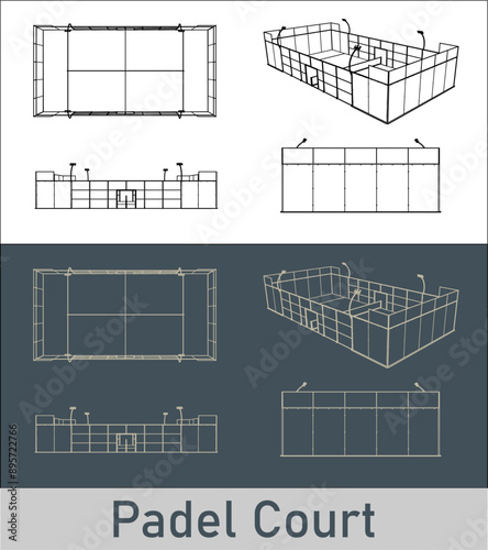 illustration of a padel courts technical line art on the blueprint