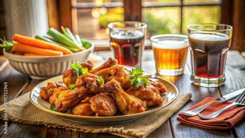 Alitas de pollo de cocina americana en un plato con palitos de apio y zanahoria, servidas con vasos de cerveza. La escena tiene como fondo una mesa rústica en el interior con iluminación cálida. photo