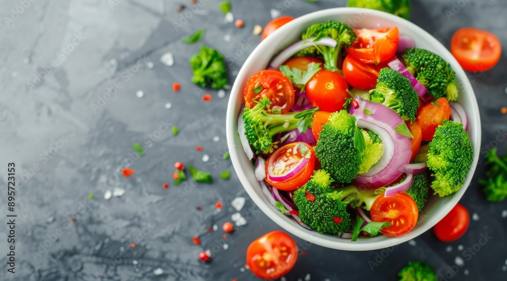 Broccoli, Tomato, and Onion Salad in White Bowl Broccoli, Tomato, and Onion Salad in White Bowl