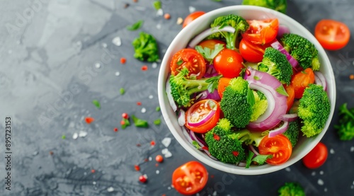 Broccoli, Tomato, and Onion Salad in White Bowl