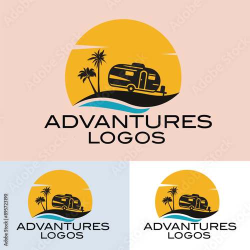 Perfect for Beach Camping Adventures, Wanderlust Explorer Logo, Inspiring Outdoor Travel Design, Tropical Caravan Silhouette, Vacation and Road Trip Logo