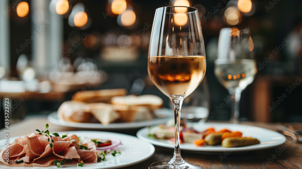 Wine glass with gourmet appetizers in restaurant setting Wine glass with gourmet appetizers in restaurant setting