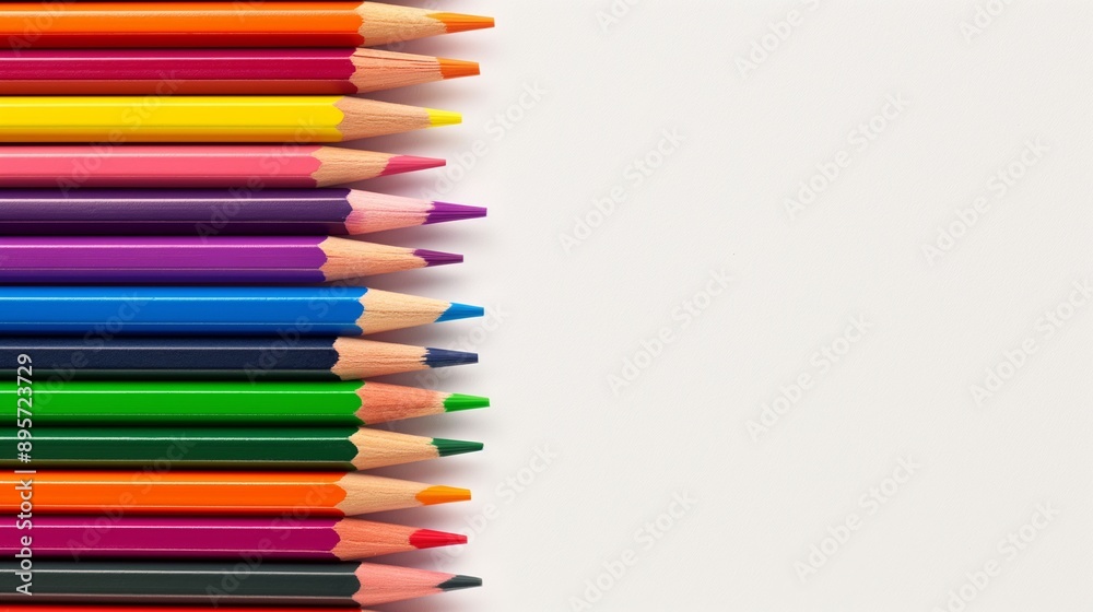 A row of colored pencils are lined up on a white background. The pencils are of various colors, including red, blue, green, and yellow. Concept of creativity and artistic expression A row of colored pencils are lined up on a white background. The pencils are of various colors, including red, blue, green, and yellow. Concept of creativity and artistic expression