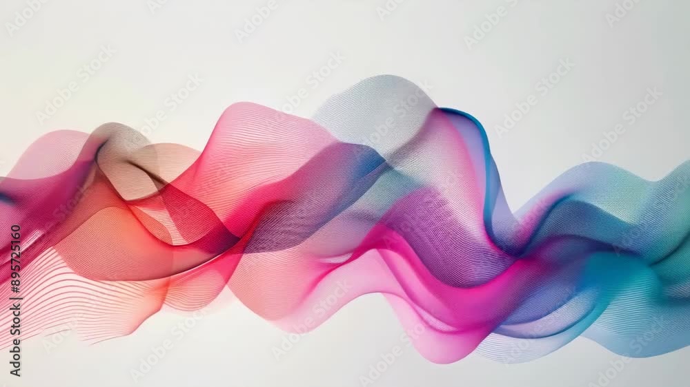 A visually striking abstract art piece showcasing colorful waves in motion against a white backdrop. The fluid lines blend red, blue, and pink, evoking a sense of energy and creativity.