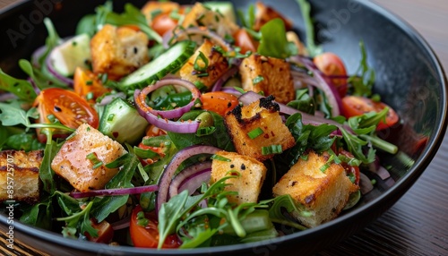 Fresh Green Salad With Tomatoes, Cucumber, and Croutons