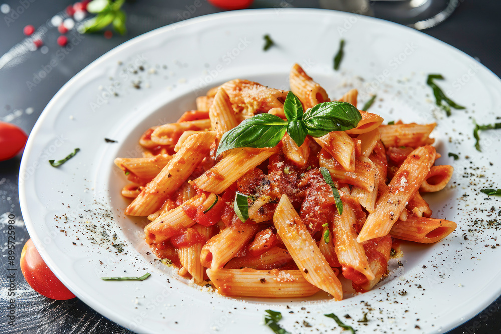 Classic italian pasta Penne pasta with tomatoes, on wood background. Italian cuisine, healthy and gourmet food. Classic italian pasta Penne pasta with tomatoes, on wood background. Italian cuisine, healthy and gourmet food.